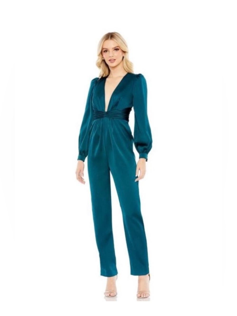 Mac Duggal Teal Satin Plunge Neck Jumpsuit with Ruched Waistband